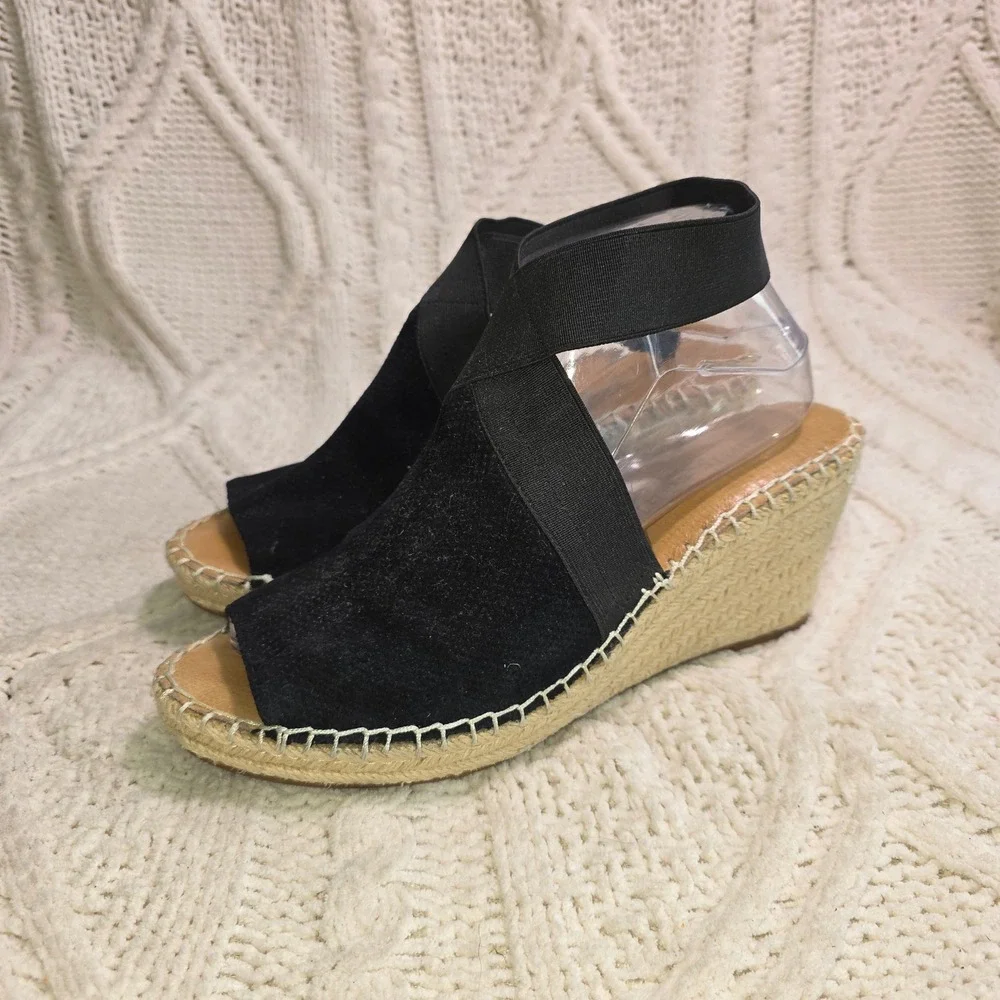 Gentle Souls Kenneth Cole Espadrille Wedge‎ Sandals Black Suede Women 9.5 Excel
